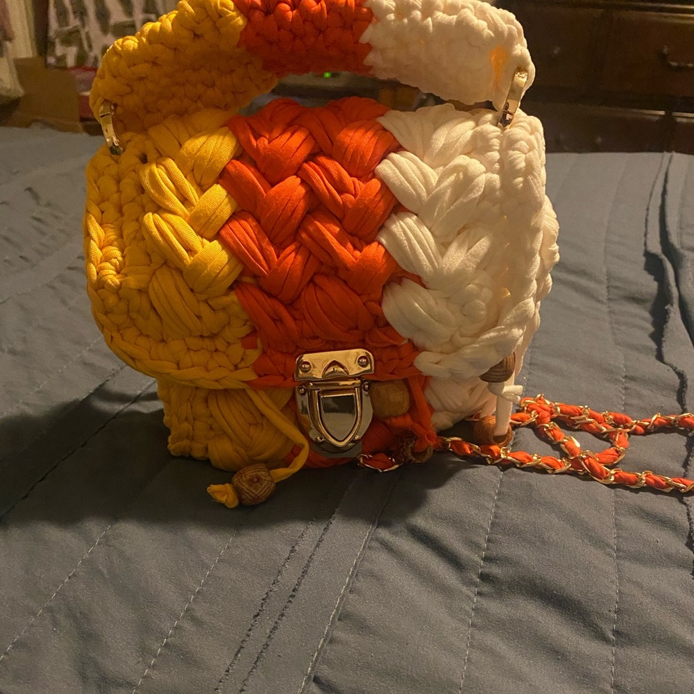 Yellow, orange and white crossbody bag. One of a kind candy corn color way.